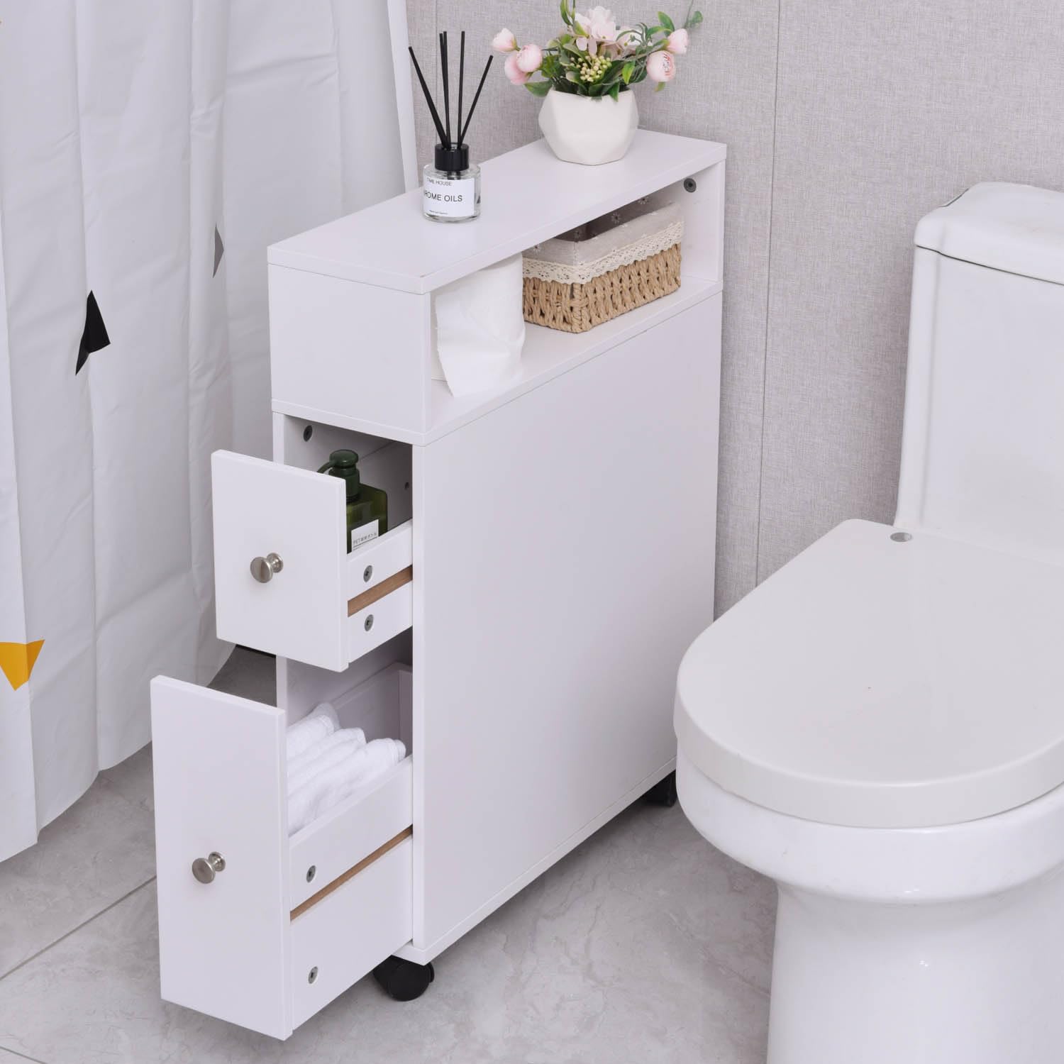 Ceredeme Small Bathroom Storage Cabinet, Toilet Paper Holder with Slide Out Drawers for Small Space, Narrow Floor Bathroom Organizer Next to Toilet