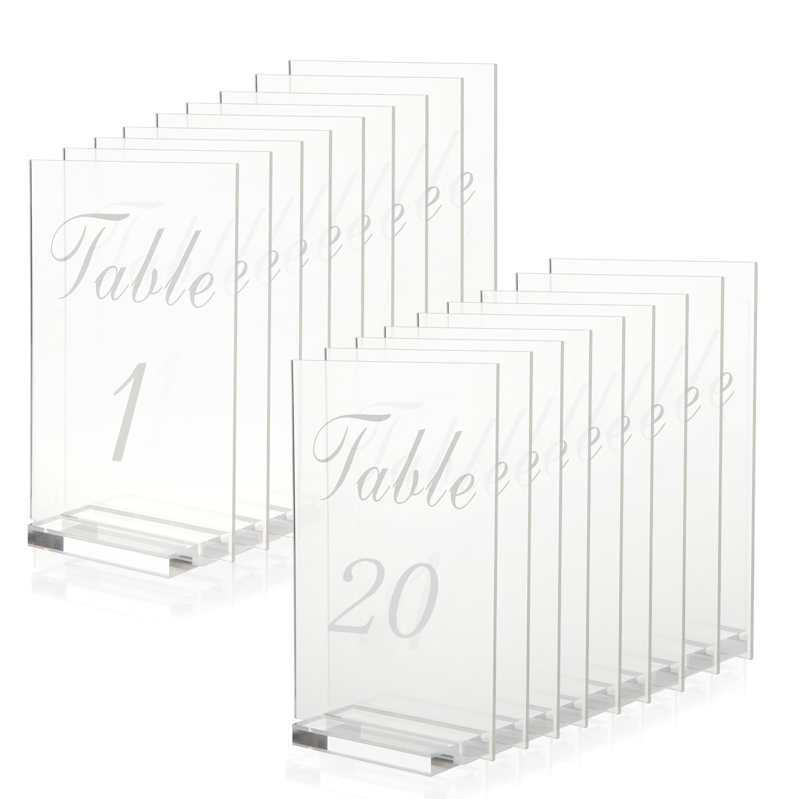 FVIEXE 20PCS Acrylic Wedding Table Numbers 1-20 with Stands, 4x6 inches Clear Table Numbers for Wedding Party Reception Sign Place Number Cards Printed Calligraphy Font for Event Banquet Anniversary