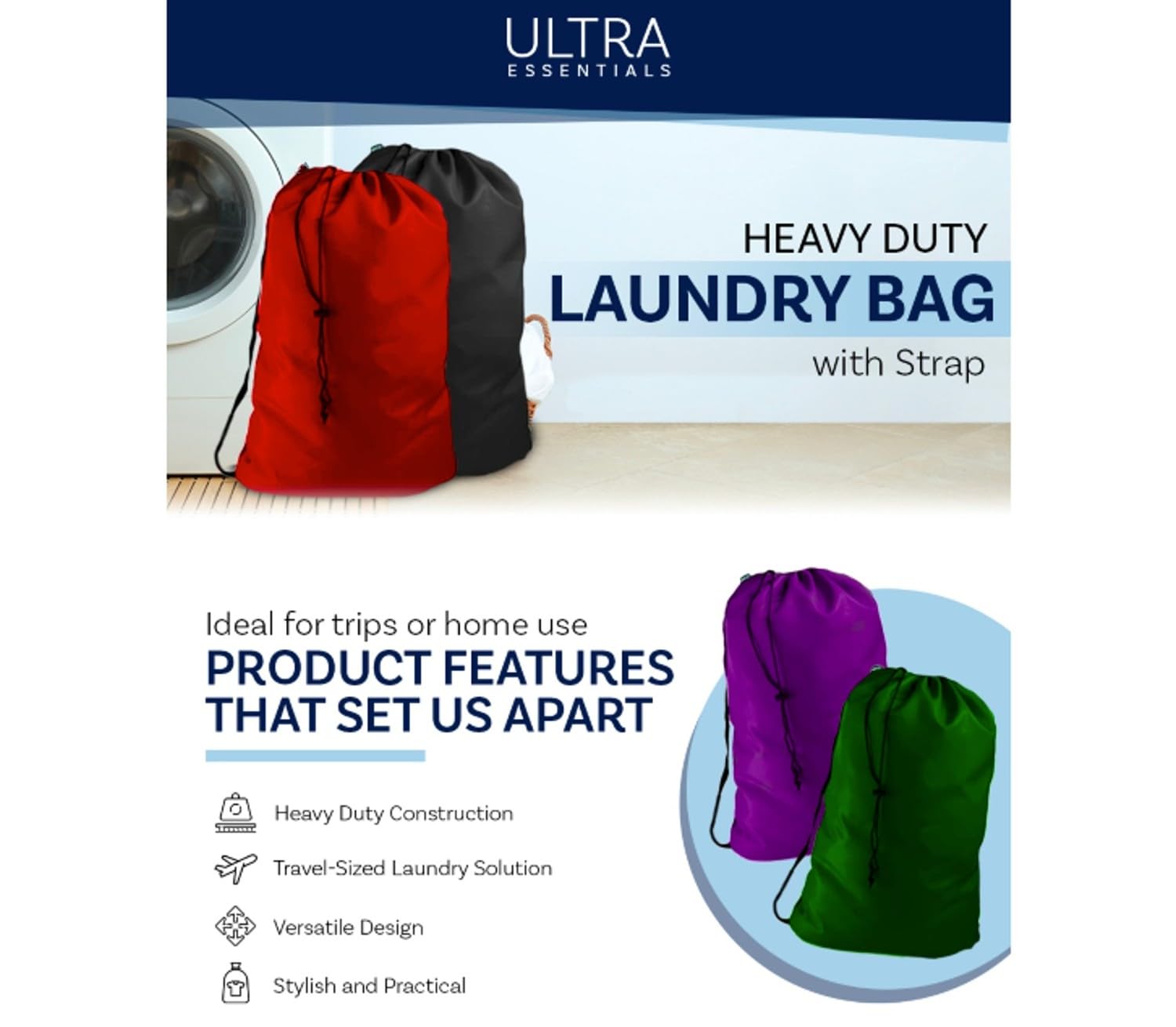 Heavy Duty Laundry Bag w/Shoulder Strap, 22" x 28", 210 Denier Polyester, Holds 2 Loads or 35 lbs, Plus 1 Lavender Sachet (NAVY BLUE)