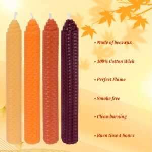 DEYBBY 8" Hand-Rolled Beeswax Taper Candles 4 Pack Cone Top,Pure Natural Honeycomb Bee Wax Candle,4Hour Burn Time(Yellow Orange Brown Fall)