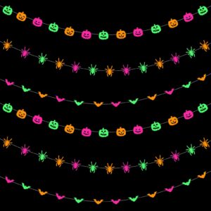 halloween party decorations neon banner - 3pcs glow in the dark paper pumpkin bats spiders hanging swirls streamers,window fireplace room ceiling garland, baby shower birthday supplies decor panduola