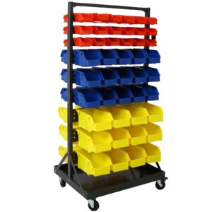 9-Tier Double-Sided Movable Parts Tool Storage Rack with 90 Bins, Nuts Bolts Storage Organizer with Locking Wheels for Shop Garage and Home