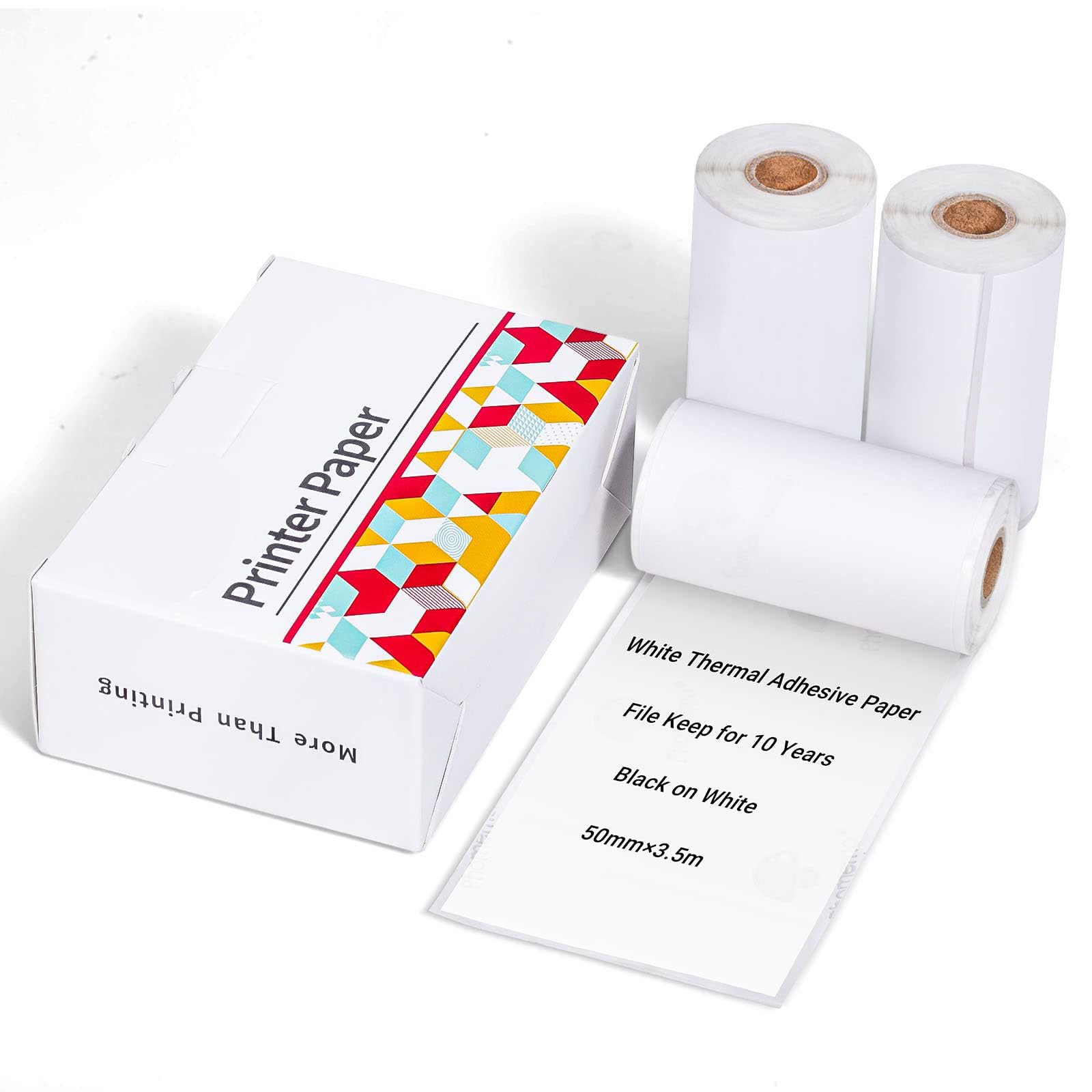 Ponek T02 White Self-Adhesive Paper, Black On White Paper, 50mm x 3.5m, 3 Rolls, Keep for 10 Years and T02/M02X/M02L Purple/Green/Orange Thermal Paper-20-Year Sticky 50mmx3.5m for Journal, 3 Rolls