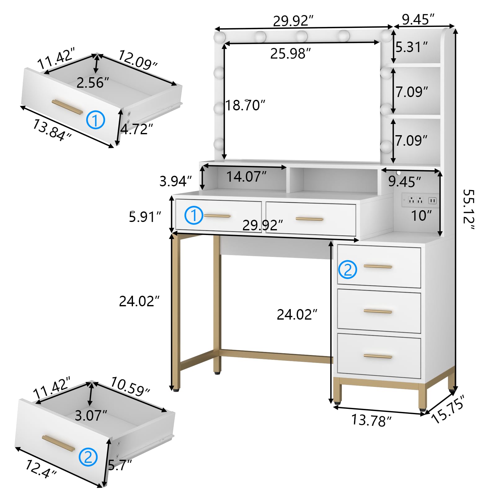 Loomie Vanity Desk with Lighted Mirror & Power Outlet, Makeup Table with 5 Drawers, Two Cubby & Shelf, Vanity Dresser with 11 Lights in 3 Lighting Colors for Bathroom, Bedroom,Makeup Room,White