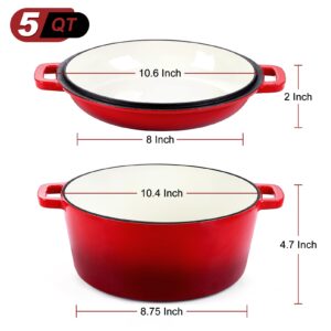 Red Enameled Dutch Oven Pot for Bread Baking, P&P CHEF 2 in 1 Round 5Qt Cast Iron Dutch Oven with Lid Set, Skillet & Pot for Roasting Braising Stewing Frying Simmering, Multi Stoves & Oven Safe