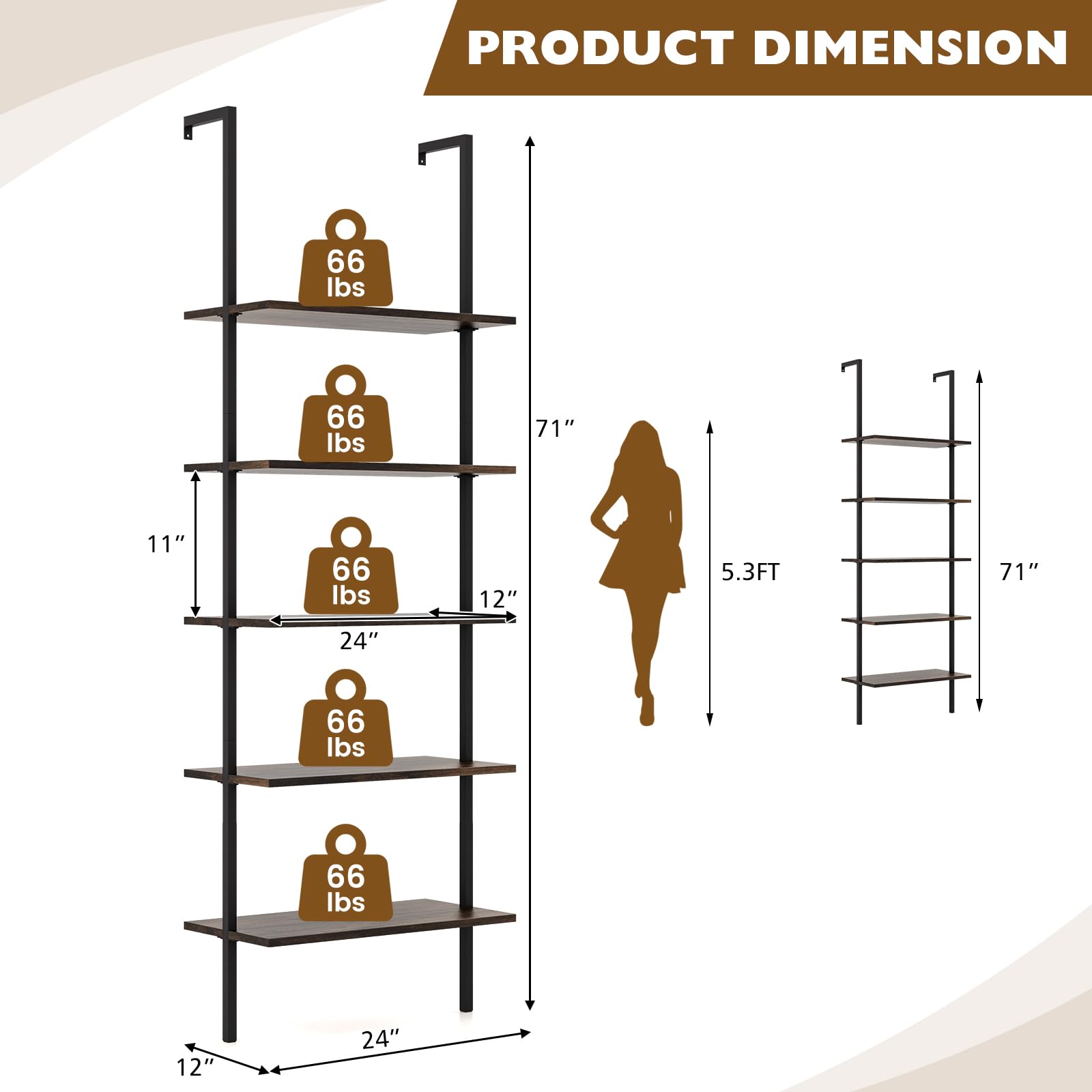 Tangkula 5-Tier Bookshelf, Modern Wall Mounted Ladder Shelf, 5 Tiers Wood Wall Open Bookcase with Metal Frame, Home Office Display Storage Shelves for Collection, Plant Flower Stand (1, Brown)