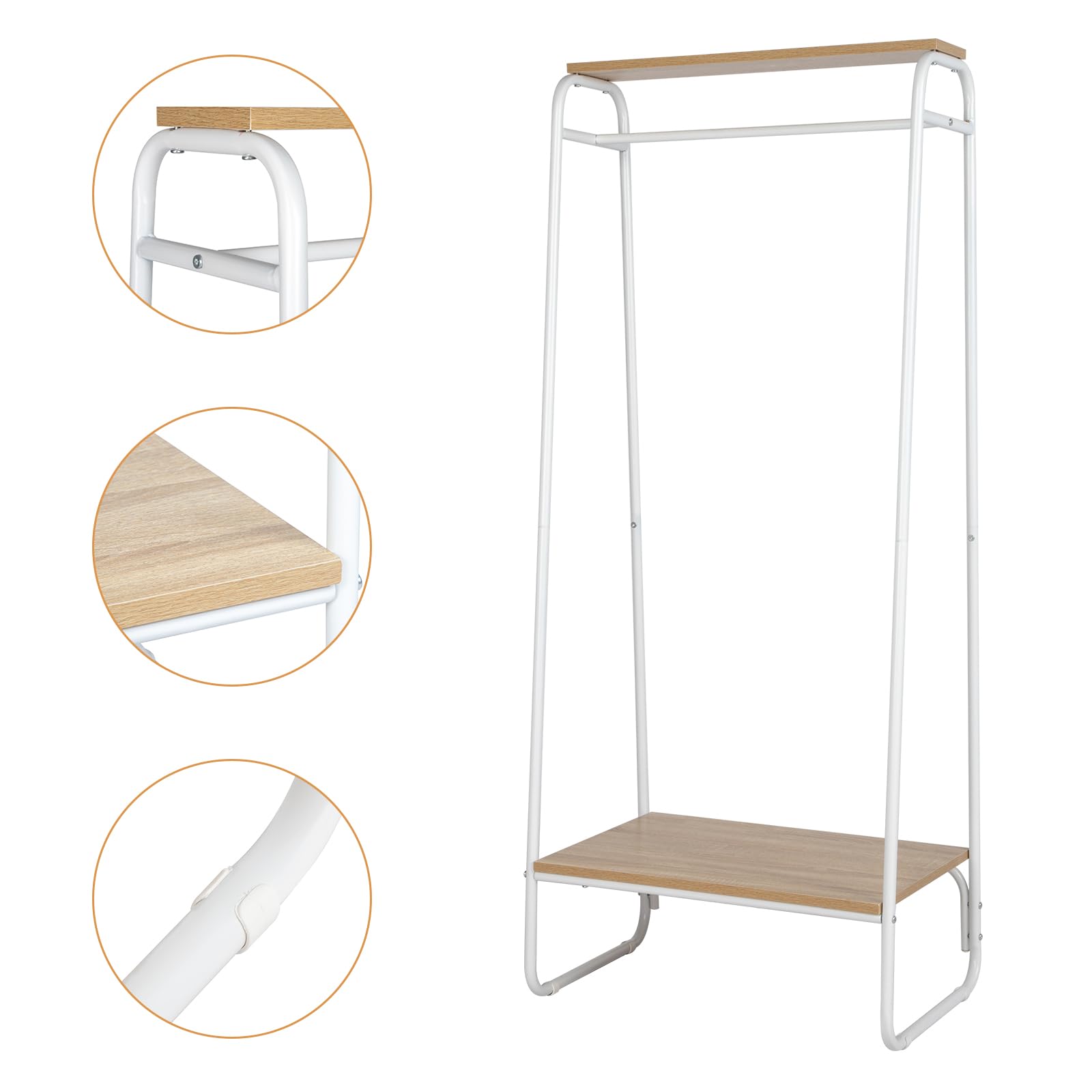 Karl home Clothes Rack Clothing Rack, Freestanding Garment Rack Coat Drying Stand with Wood Shelf Hanging Rod for Bedroom Bathroom Laundry Livingroom Office, White Metal Frame Oak Board 2-Tier