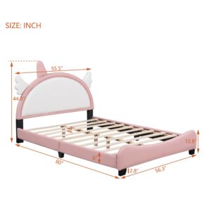 Harper & Bright Designs Full Size Upholstered Princess Bed Frame with Crown Headboard for Boys Girls Kids Toddler,Full Size Platform Bed with Headboard and Footboard,White+Pink (Pink3)