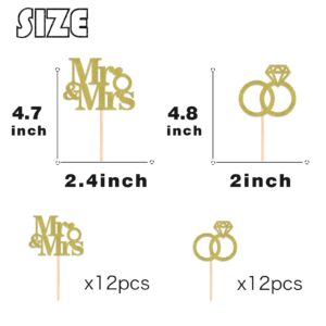 ShuanQ Mr & Mrs Cupcake Topper - Gold Glitter Wedding Cupcake Toppers - Engagement/Bridal Shower/Anniversary Cupcake Picks, 24pcs