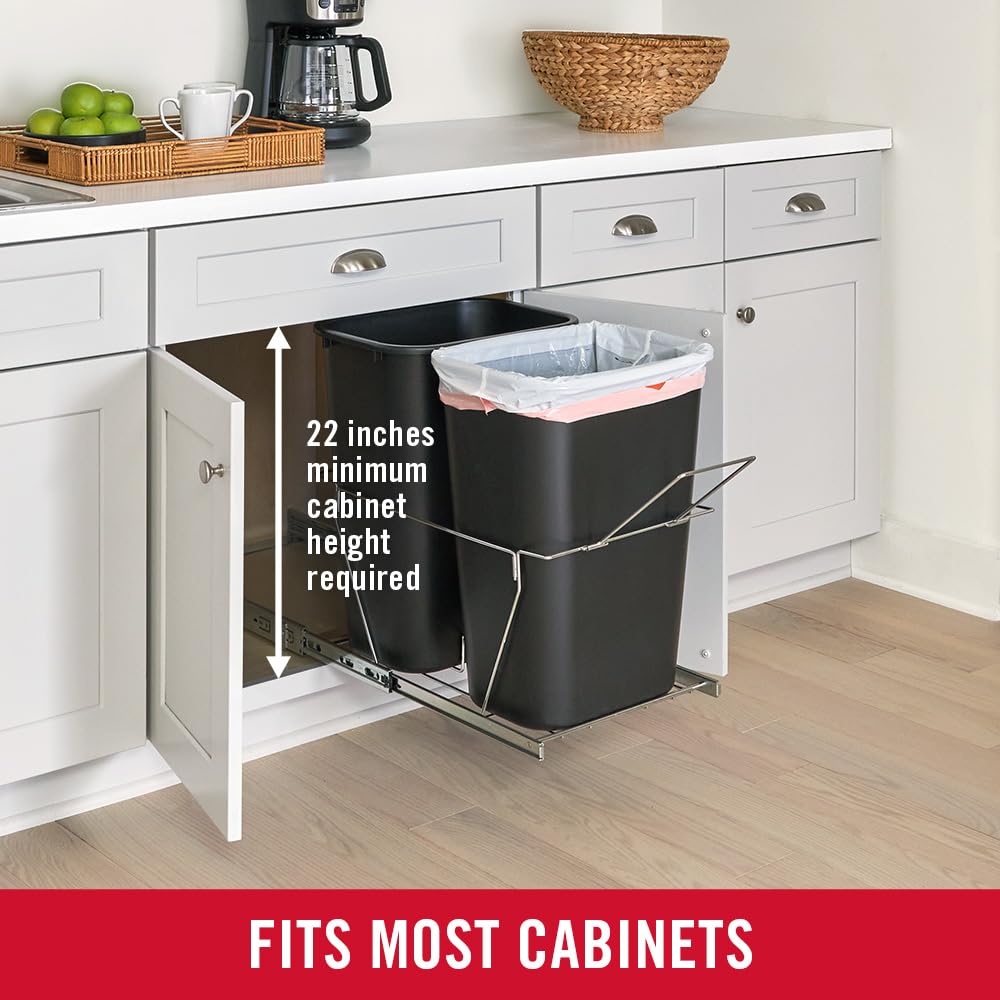 Rubbermaid Kitchen Cabinet Pull-Out Trash Can and Recycling Bin, 20-Gallon, Black, Under Sink Trash/ Recycling, for Home/Kitchen/Bathroom/Office/Garage