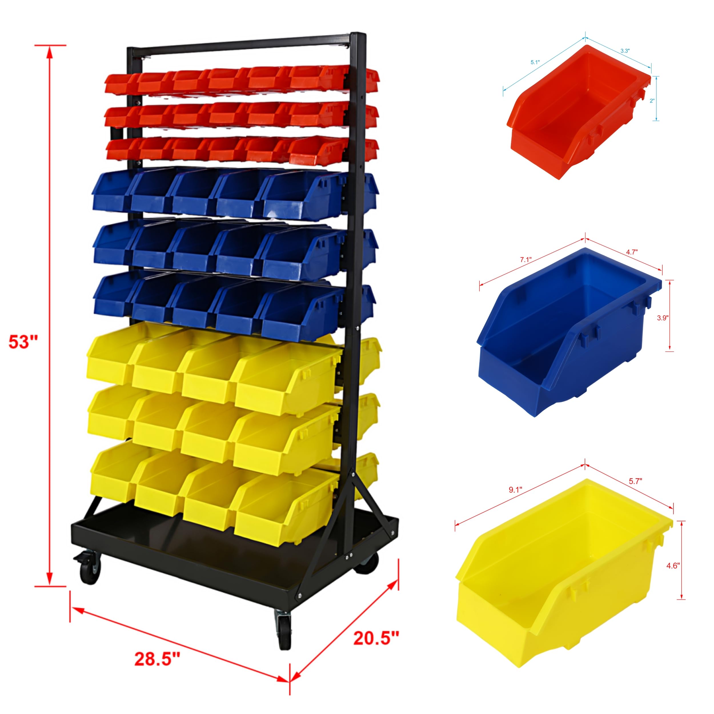 9-Tier Double-Sided Movable Parts Tool Storage Rack with 90 Bins, Nuts Bolts Storage Organizer with Locking Wheels for Shop Garage and Home