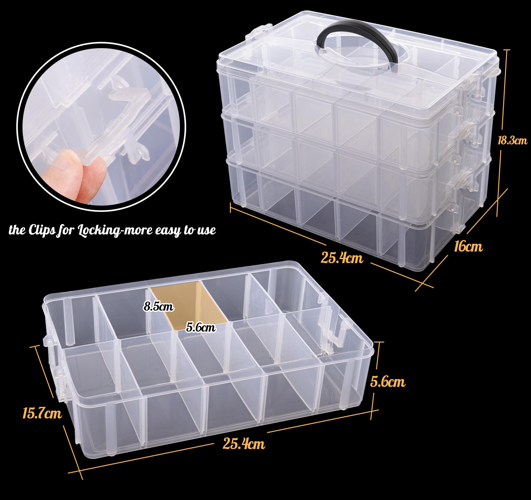 Anstore Storage Box with Compartments, Reinforced 3-Tier Clear Plastic Craft Storage Box with Lids, Practical Sorting Box for Crafts, Jewelry, Toy building blocks(Medium)