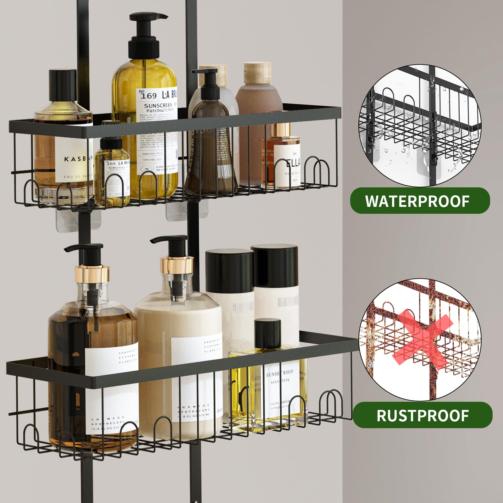 Fixwal Shower Caddy Hanging Over Shower Head, Height Adjustable Bathroom Black Rustproof Shower Organizer Hanging Shelf Storage with 2 Soap Holders, Hooks for Towels, Sponge, Razor