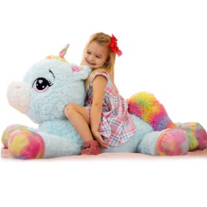 muiteiur 43inch large unicorn stuffed animal, 5.4lbs giant unicorn plush hugging pillow, big fat blue stuffed unicorn plush toy gift for girls boys