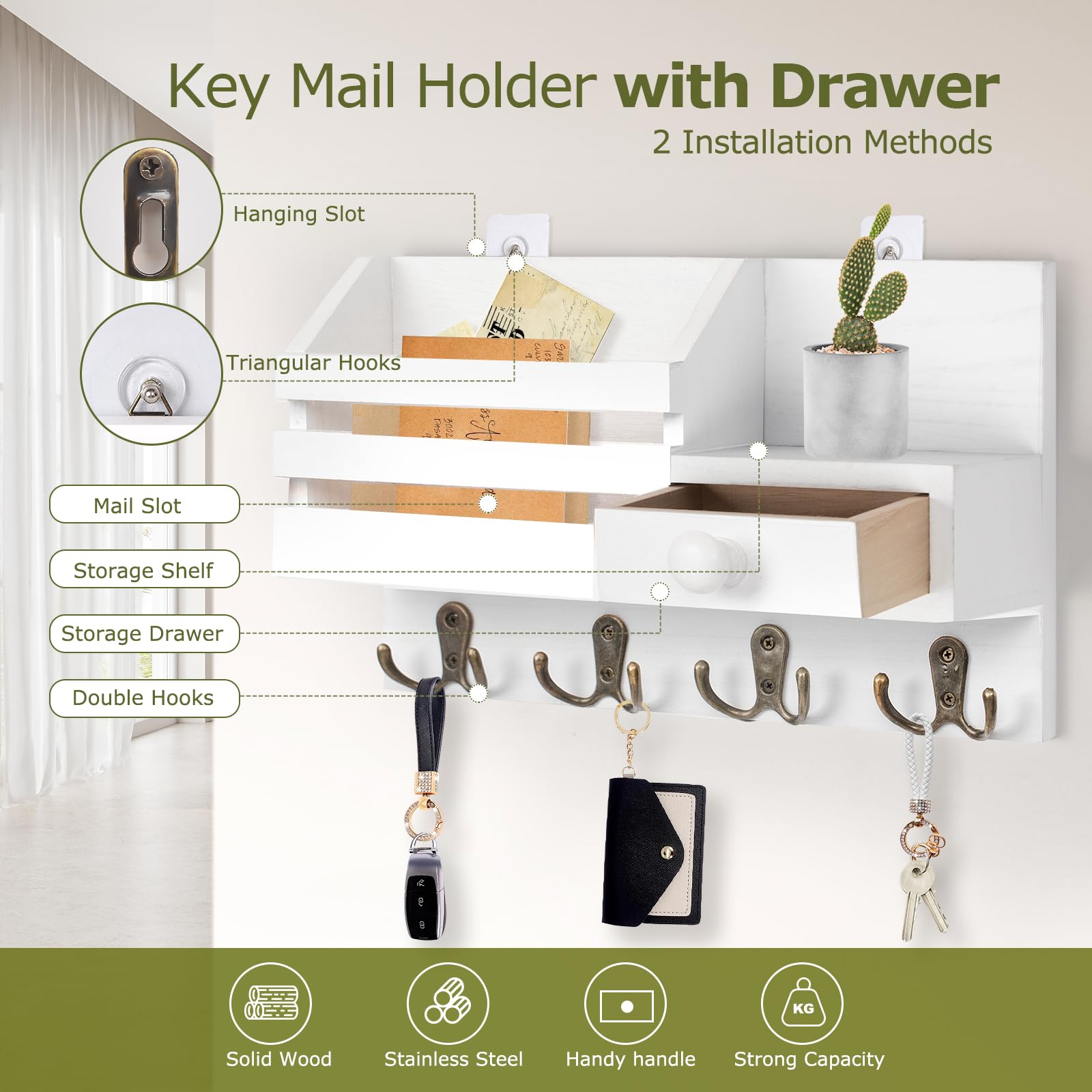 HOMEBROS Key Mail Holder for Wall, White Wooden Key Mail Organizer with Drawer Wall Mount Key Rack with Shelf Key Storage Hanger with 8 Key Hooks for Entryway Hallway 2 Installation Methods