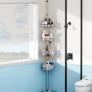 ATKEEN Corner Shower Caddy Tension Pole: Rustproof Shower Organizer with 4 Tier Adjustable Shelves for Bathroom Bathtub Shampoo Storage Holder-Floor Standing Bath Rack