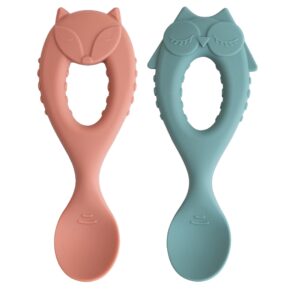 tidy tot ®™ baby weaning spoons 2 pack. baby led weaning spoon for self feeding babies and toddler spoons. soft tip silicone weaning spoons. easy grip handle.