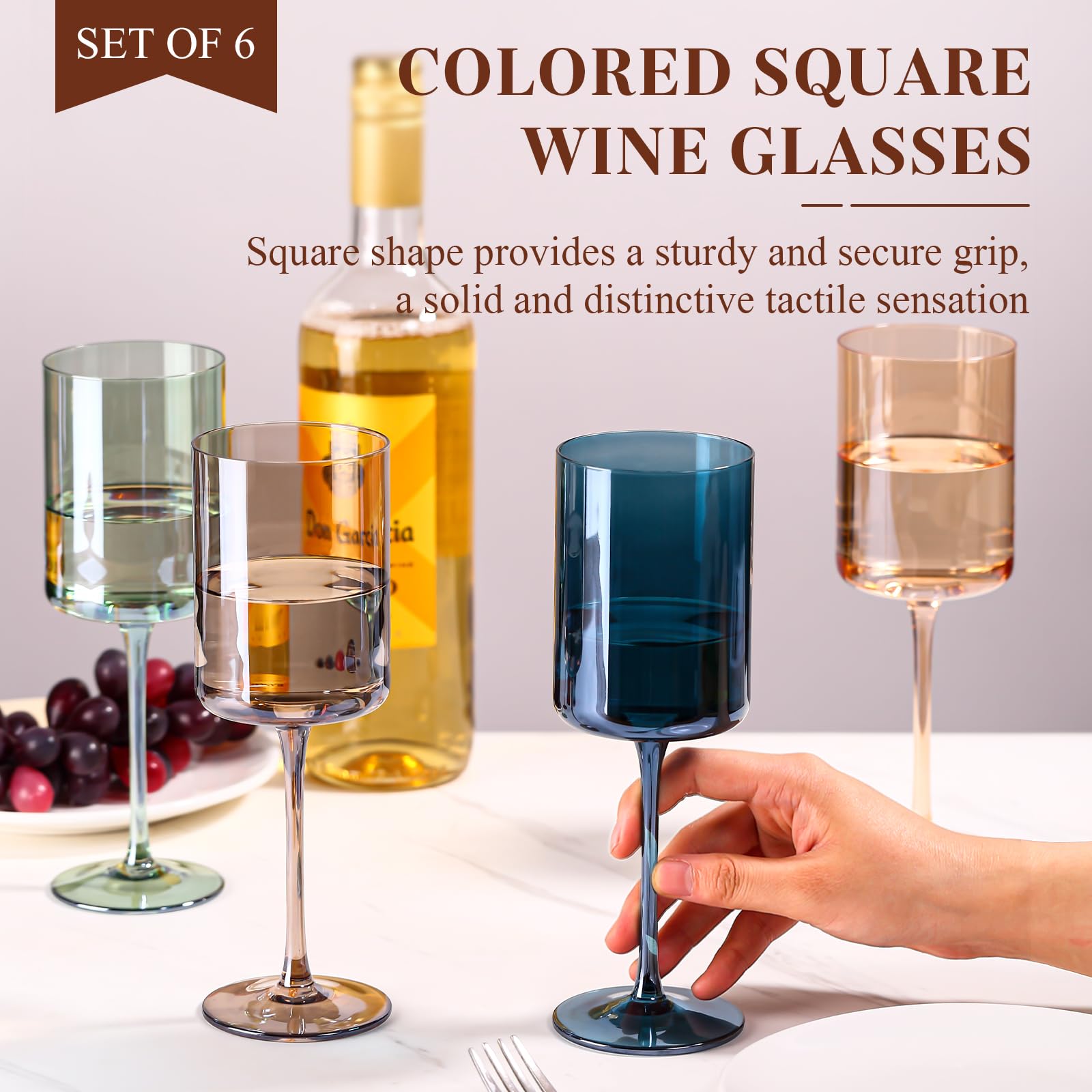 Colored Wine Glasses Set 6-14oz Multi Colored Square Wine Glasses with Tall Long Stems, Hand Blown Crystal Colorful Wine Glasses, Unique Wine Glasses for Christmas Thanksgiving