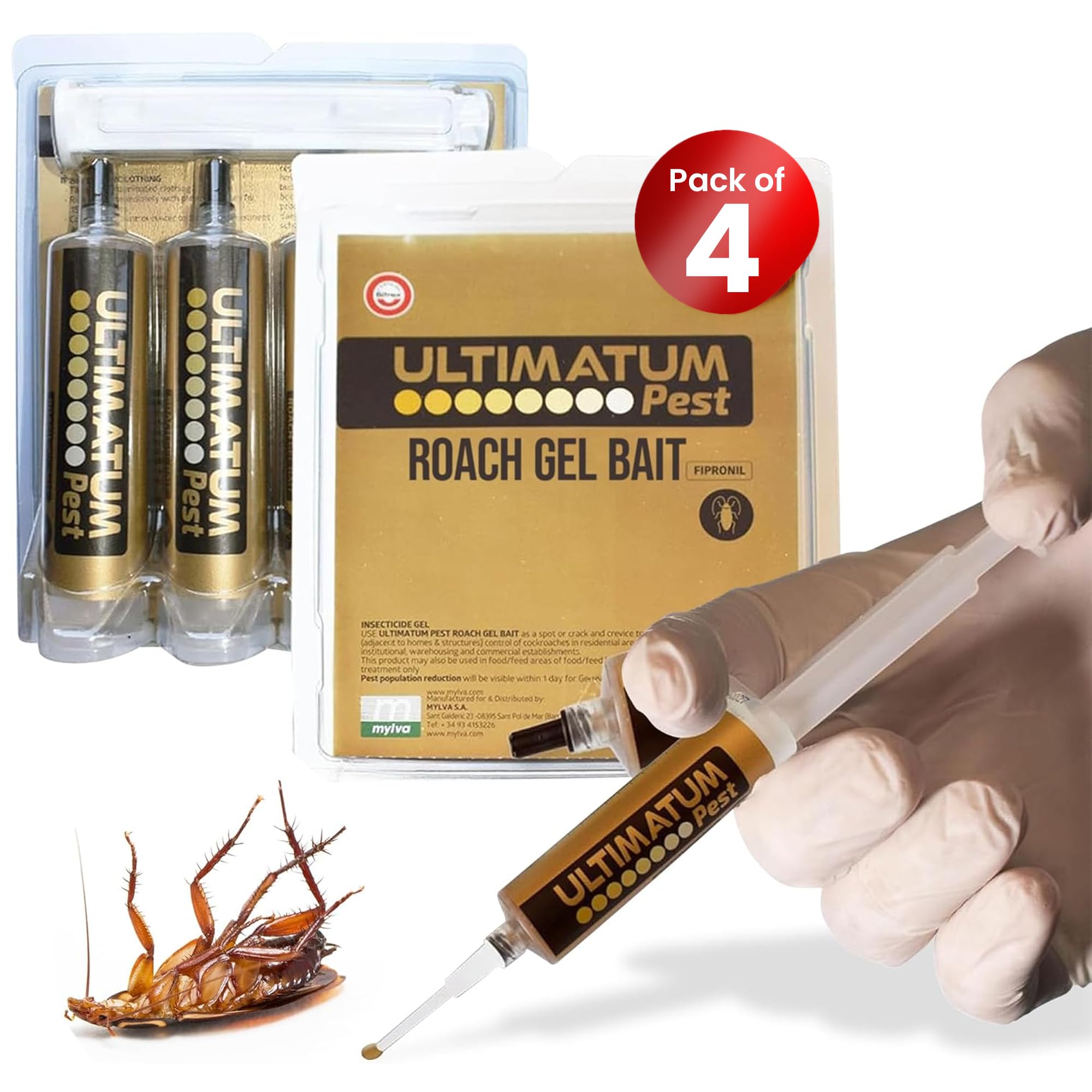 Ultimatum Pest Roach Gel Bait - 4-Pack Syringes for Indoor Infestation, Powerful Roach Killer Gel for Homes & Businesses, Combat Gel Bait for Cockroach Control, Efficient Roach and Ant Killer Indoors