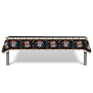 1 Pieces Day of the Dead Party Plastic Tablecloth 54 x 87 Inch Colorful Skull Long Rectangular Table Cover for Buffet, Fiesta Flowers Party Holiday Dinner, Picnic Tablecloth for Kitchen Event Use