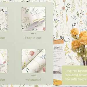 Dimoon 78.7"x16.1" Floral Peel and Stick Wallpaper Beige Contact Paper Thicken Wallpaper Delicate Flower Waterproof Green Leaf White Self Adhesive Removable Wall Paper Shelf Liner Decal Vinyl Roll