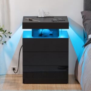 HOMMPA LED Nightstand with Wireless Charging Station & USB Ports, 3 Drawer Night Stand with LED Light RGB Adjustable Brightness, Smart Nightstand High Gloss Bedside Table for Bedroom Black