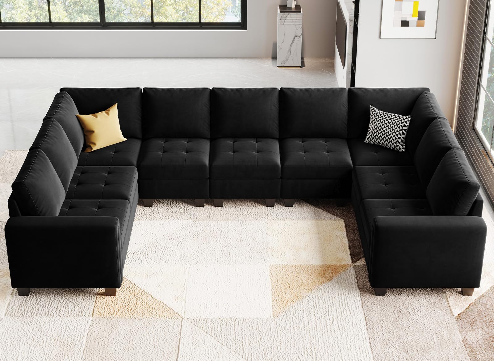 Belffin Oversized Velvet Modular 9 Seater U-Shape Sectional Sofa Set with Chaise Convertible sectional Sofa Couch Set Modular Couch Corner U Shaped Sectoional Sofa Black