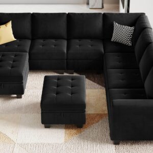 Belffin Oversized Velvet Modular 8-Seat Sectional Sofa Set with Storage Ottoman U Shaped Couch Set Modular Sectional Convertible Sofa Couch with Reversible Chaise Corner Sofa Couch Set Black