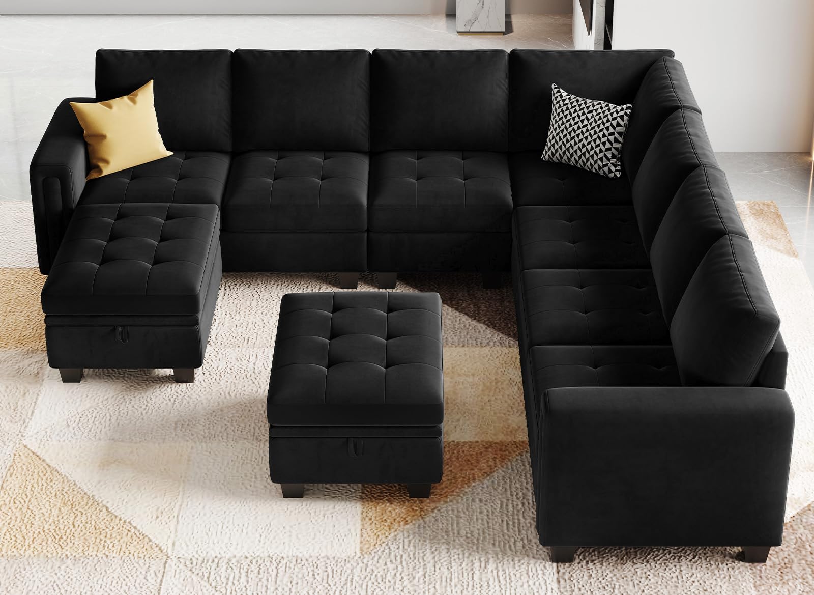 Belffin Oversized Velvet Modular 8-Seat Sectional Sofa Set with Storage Ottoman U Shaped Couch Set Modular Sectional Convertible Sofa Couch with Reversible Chaise Corner Sofa Couch Set Black