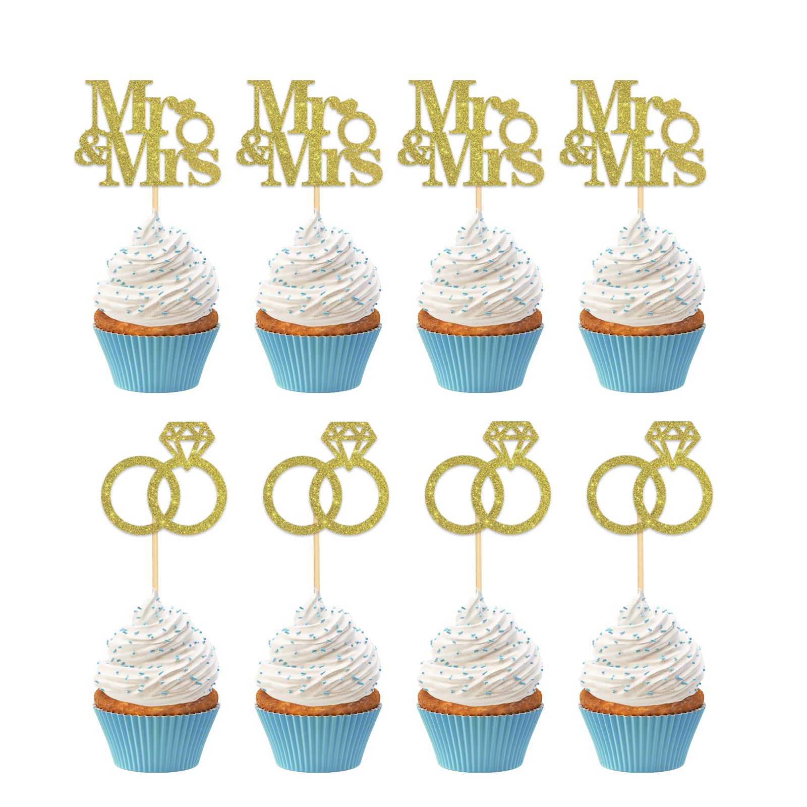 ShuanQ Mr & Mrs Cupcake Topper - Gold Glitter Wedding Cupcake Toppers - Engagement/Bridal Shower/Anniversary Cupcake Picks, 24pcs