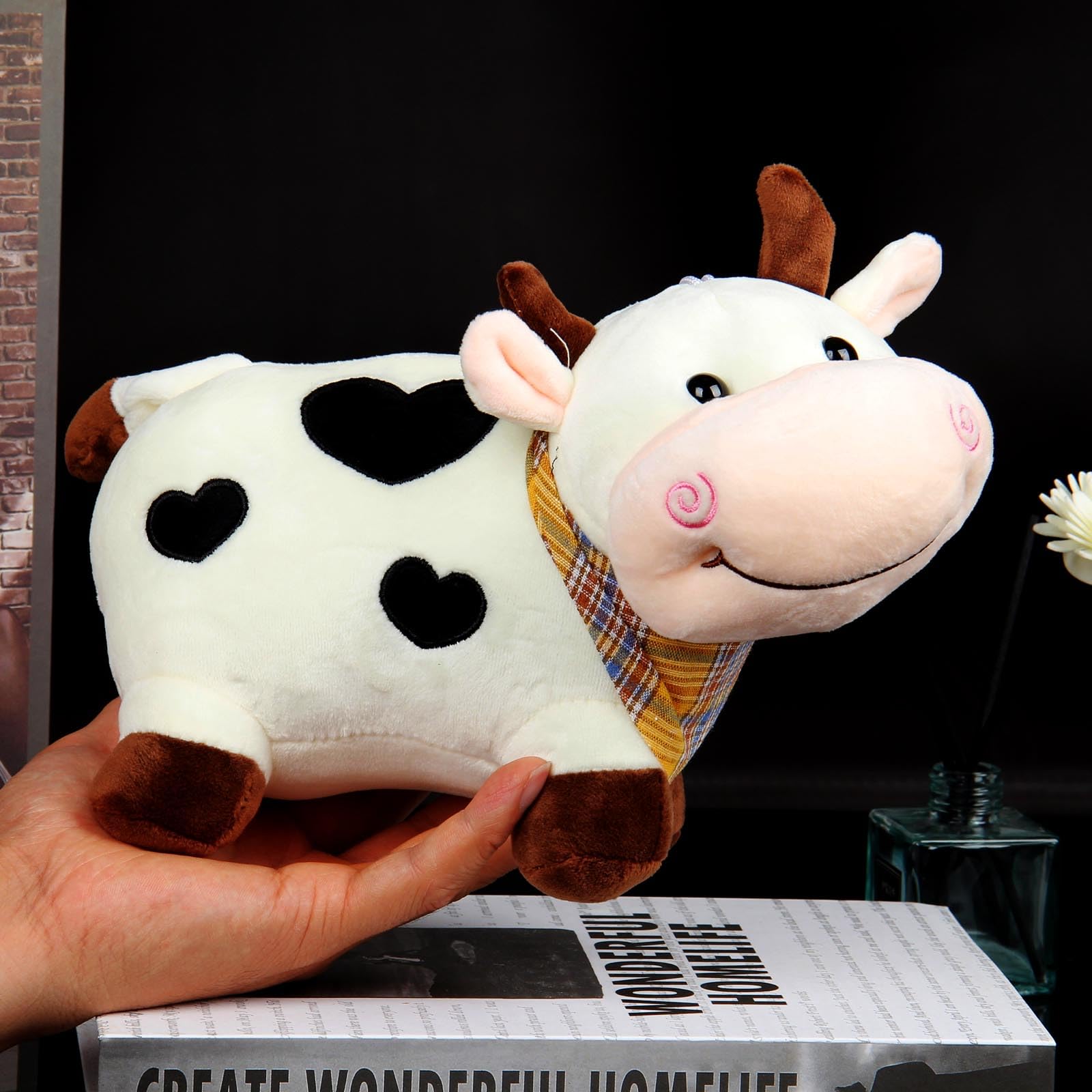 HPOSAN Lovely Creative Milk Cow Plush Pillow Toys Soft Stuffed Cartoon Animal Cattle Doll Bedroom Sleeping Pillow Cushion Gifts for Friends Kids