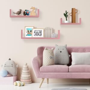 hawkrise set of 3 u shaped floating float wall mount shelf shelves display for small objects collectibles trophies photo potted plants book (pink)