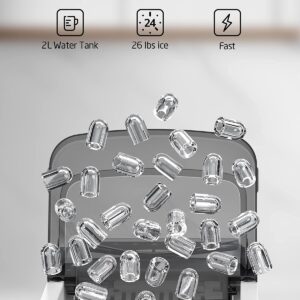 Ice Maker Machine for Countertop, 9 Ice Cubes Ready in 6 Minutes, 26lbs in 24Hrs Portable Ice Maker Machine Self-Cleaning, 2 Sizes of Bullet-Shaped Ice for Home Kitchen Office Bar Party