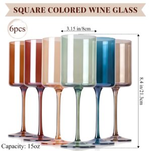 Colored Wine Glasses Set 6-14oz Multi Colored Square Wine Glasses with Tall Long Stems, Hand Blown Crystal Colorful Wine Glasses, Unique Wine Glasses for Christmas Thanksgiving