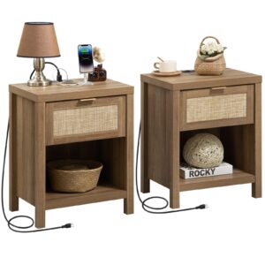 sicotas rattan nightstand set of 2, farmhouse night stands with charging station bedside table with drawer, boho end table with usb and type-c ports for bedroom small space, oak wood