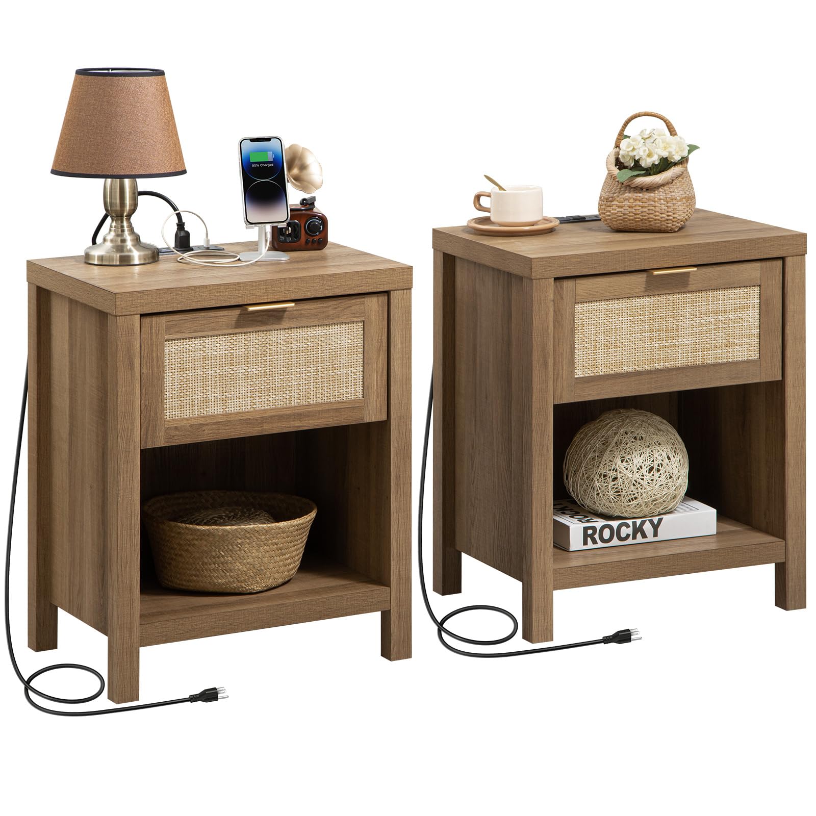 SICOTAS Rattan Nightstand Set of 2, Farmhouse Night Stands with Charging Station Bedside Table with Drawer, Boho End Table with USB and Type-C Ports for Bedroom Small Space, Oak Wood