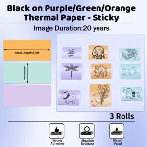 Ponek T02 White Self-Adhesive Paper, Black On White Paper, 50mm x 3.5m, 3 Rolls, Keep for 10 Years and T02/M02X/M02L Purple/Green/Orange Thermal Paper-20-Year Sticky 50mmx3.5m for Journal, 3 Rolls