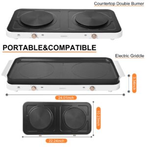 AEWHALE 2-in-1 Electric Griddle & Countertop Burner,2 Cooking Zone with Adjustable Temperature,1800W Electric Hot Plate with Removable Griddle Pan Non-stick