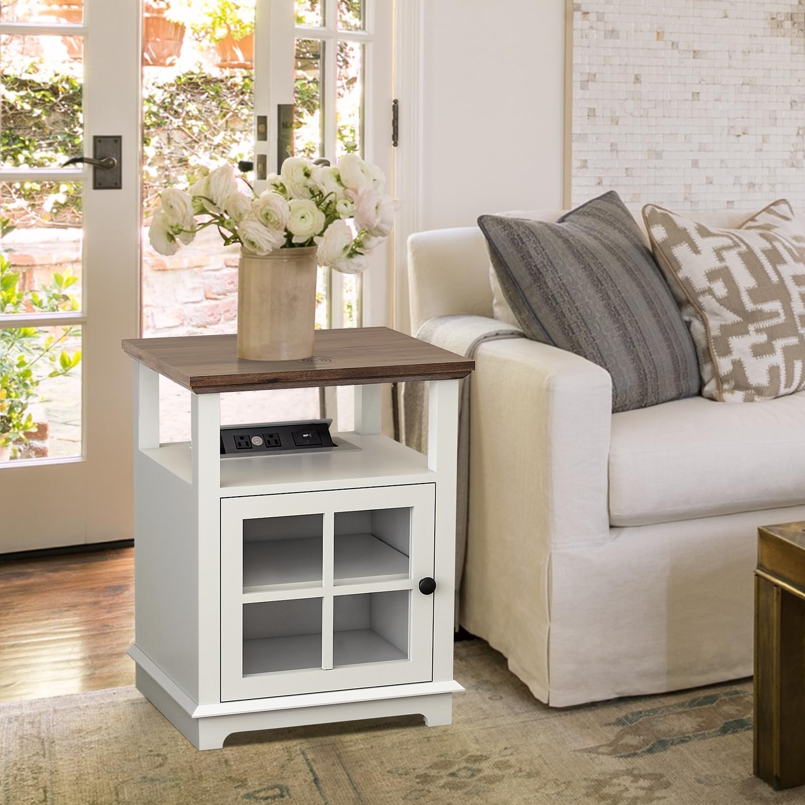 FAGAGA End Table with Charging Station, Side Table with Storage, White Nightstand with Adjustable Shelf, Wireless Charging End Table for Living Room, Bedroom