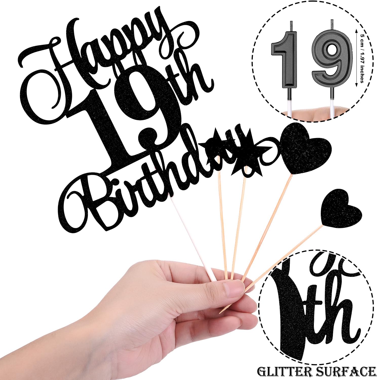 19th Birthday Cake Decorations Set Include 19th Birthday Candles Numeral 19 Cake Candles and Happy 19th Birthday Cake Toppers with Heart Star Cupcake Picks for Birthday Party (Black Series)