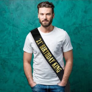 21st Birthday King Sash, Gold Foil Black Satin Birthday Sash for Men 21st Fabulous Birthday Party Gift Decorations Favors