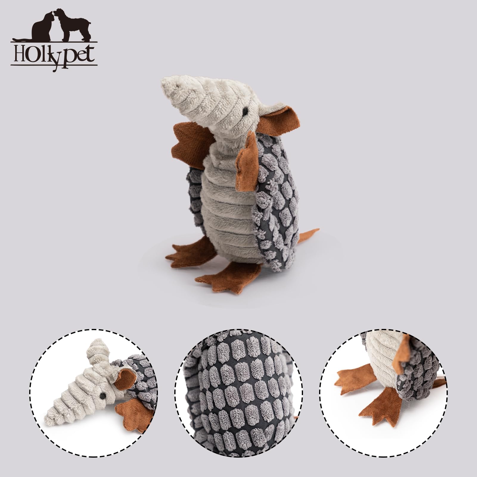 Hollypet Fluffy Dog Toys - Squeaky Plush Dog Toys for All Breeds, Stuffed Toys for Small Medium Large Dogs, Cute Animal-Big Armadillo Toys, Puppy Chew Toy with Clean Teeth| Dark Gray Small