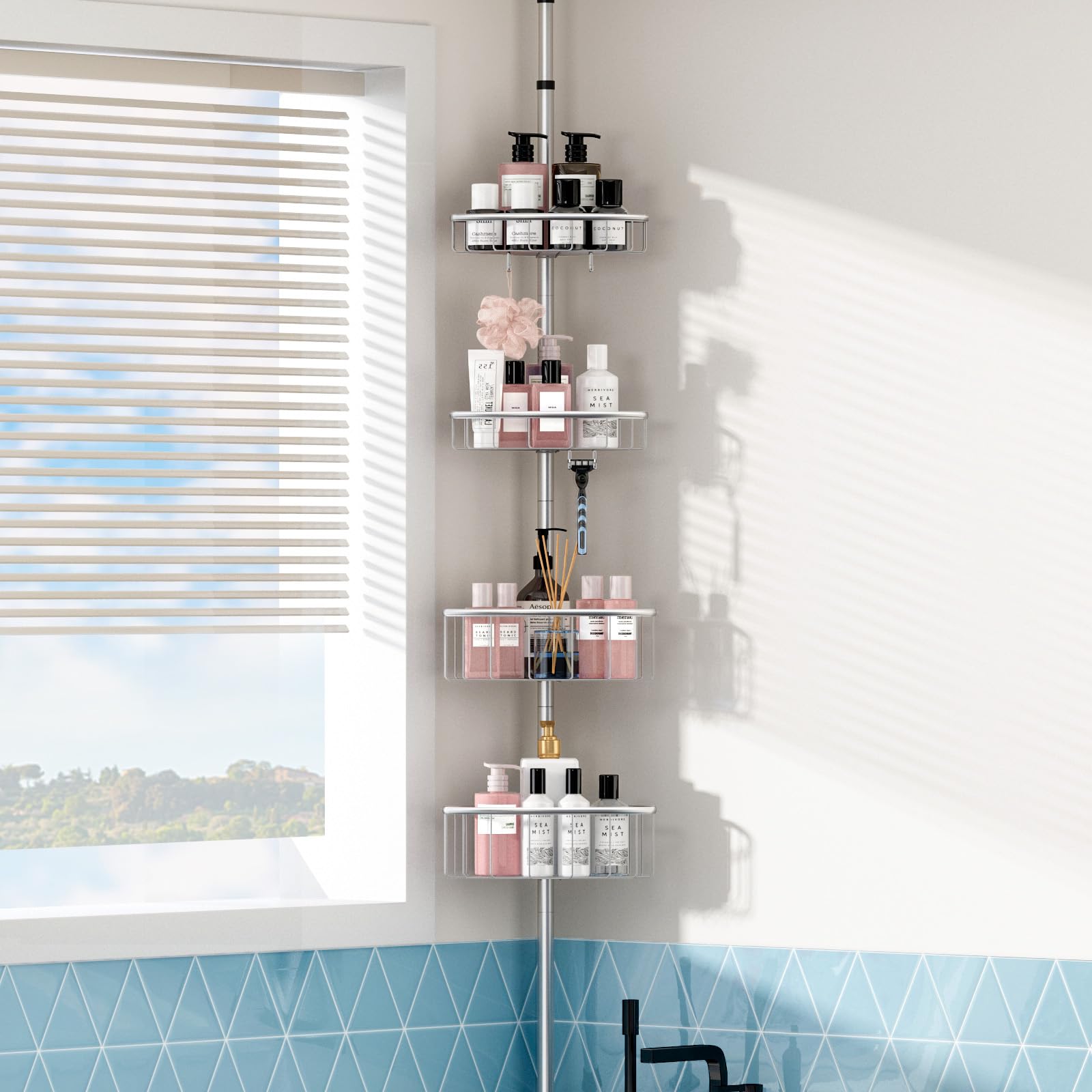 ATKEEN Corner Shower Caddy Tension Pole: Rustproof Shower Organizer with 4 Tier Adjustable Shelves for Bathroom Bathtub Shampoo Storage Holder-Floor Standing Bath Rack