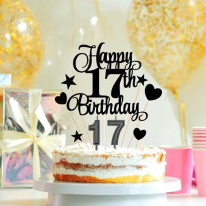 17th Birthday Cake Decorations Set Include 17th Birthday Candles Numeral 17 Cake Candles and Happy 17th Birthday Cake Toppers with Heart Star Cupcake Picks for Birthday Party (Black Series)