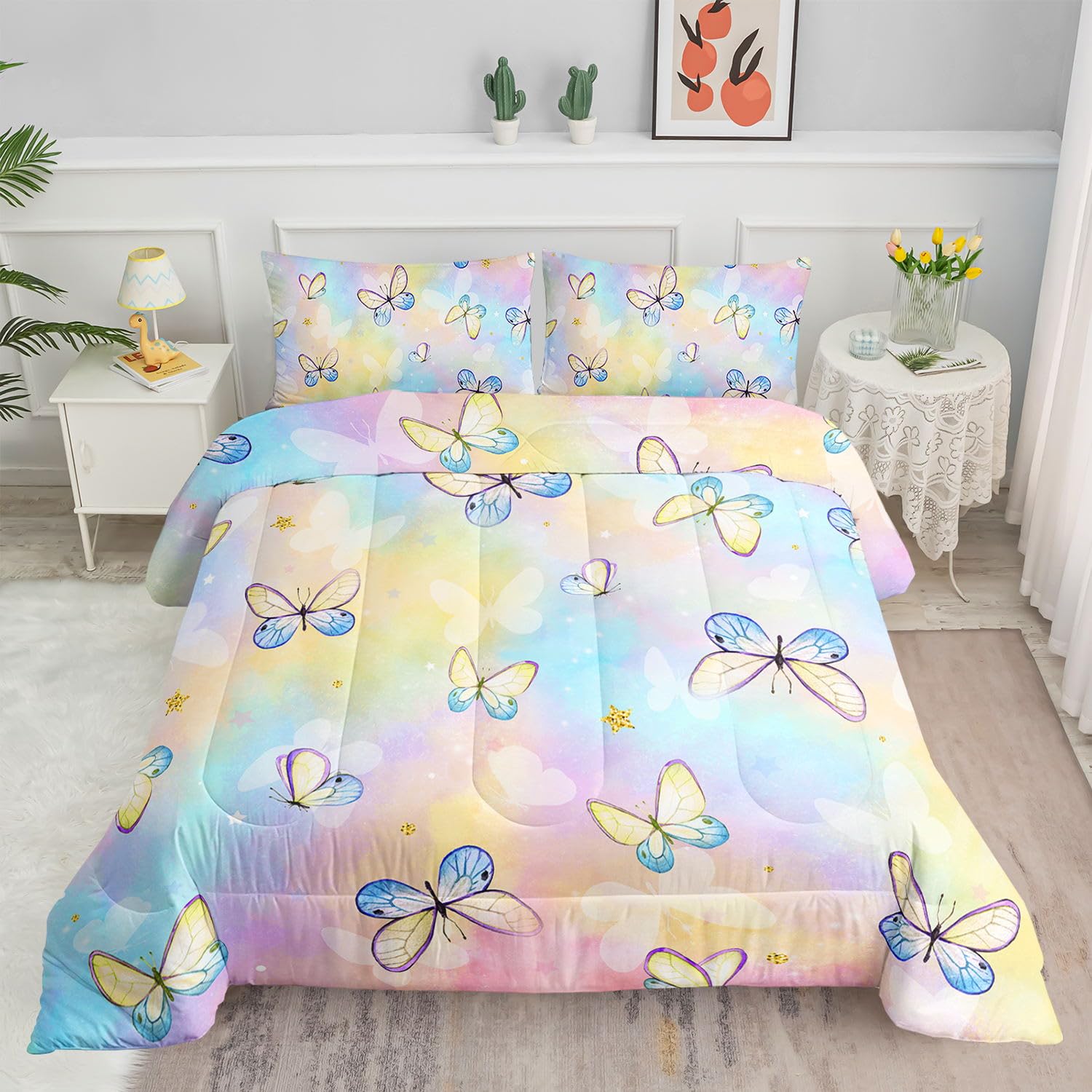 Datura home Kids Comforter Set Butterflies Printed Pattern Bedding Set with 1 Comforter and 2 Pillowcases for Girls Boys Bedroom All Season(Butterflies5 Twin)