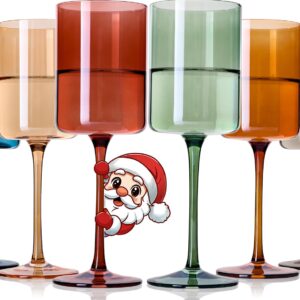 Colored Wine Glasses Set 6-14oz Multi Colored Square Wine Glasses with Tall Long Stems, Hand Blown Crystal Colorful Wine Glasses, Unique Wine Glasses for Christmas Thanksgiving