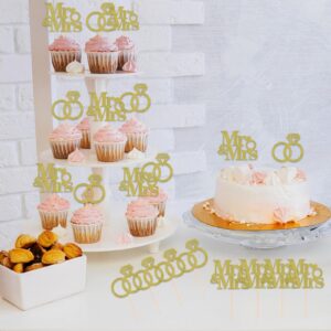 ShuanQ Mr & Mrs Cupcake Topper - Gold Glitter Wedding Cupcake Toppers - Engagement/Bridal Shower/Anniversary Cupcake Picks, 24pcs