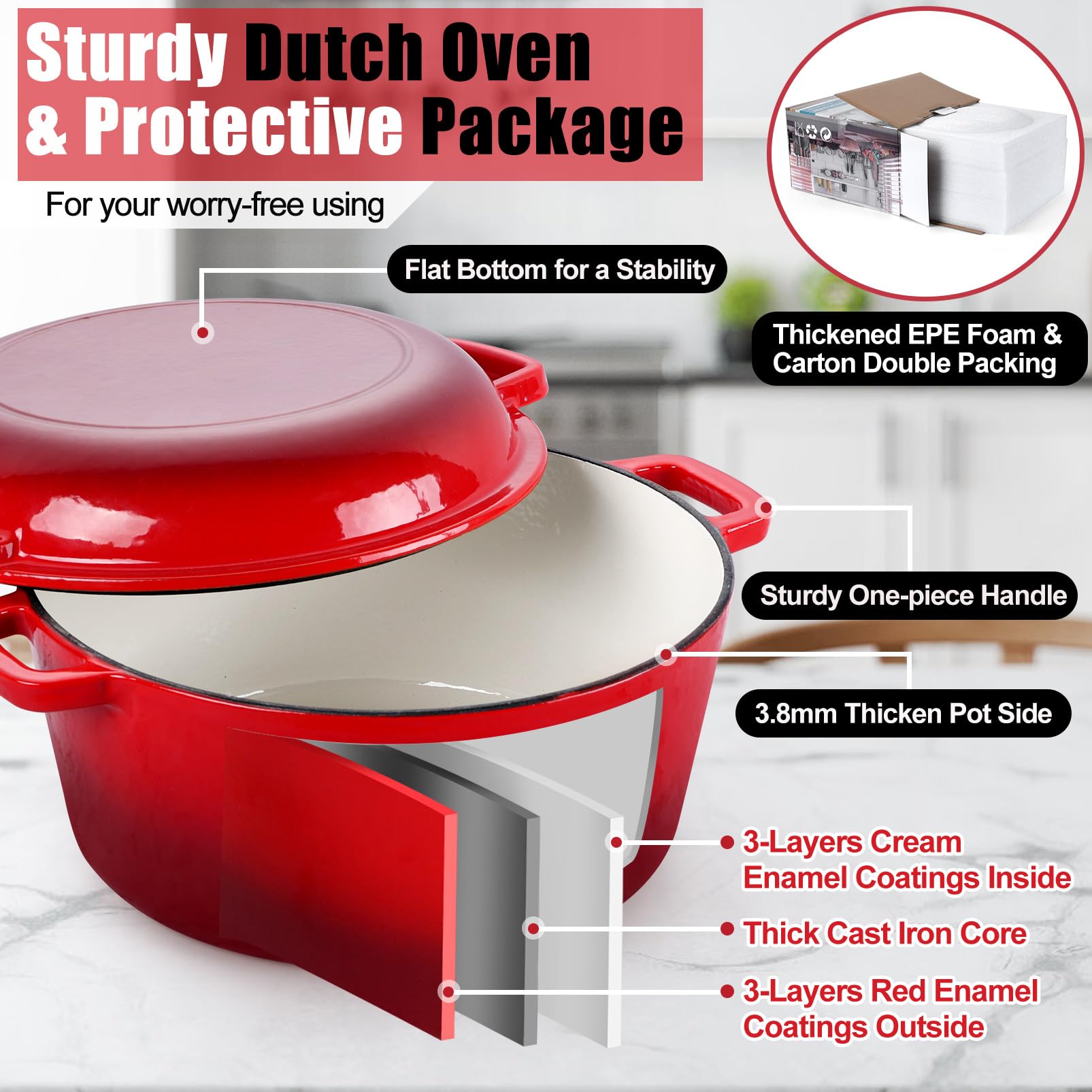 Red Enameled Dutch Oven Pot for Bread Baking, P&P CHEF 2 in 1 Round 5Qt Cast Iron Dutch Oven with Lid Set, Skillet & Pot for Roasting Braising Stewing Frying Simmering, Multi Stoves & Oven Safe