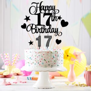 17th Birthday Cake Decorations Set Include 17th Birthday Candles Numeral 17 Cake Candles and Happy 17th Birthday Cake Toppers with Heart Star Cupcake Picks for Birthday Party (Black Series)