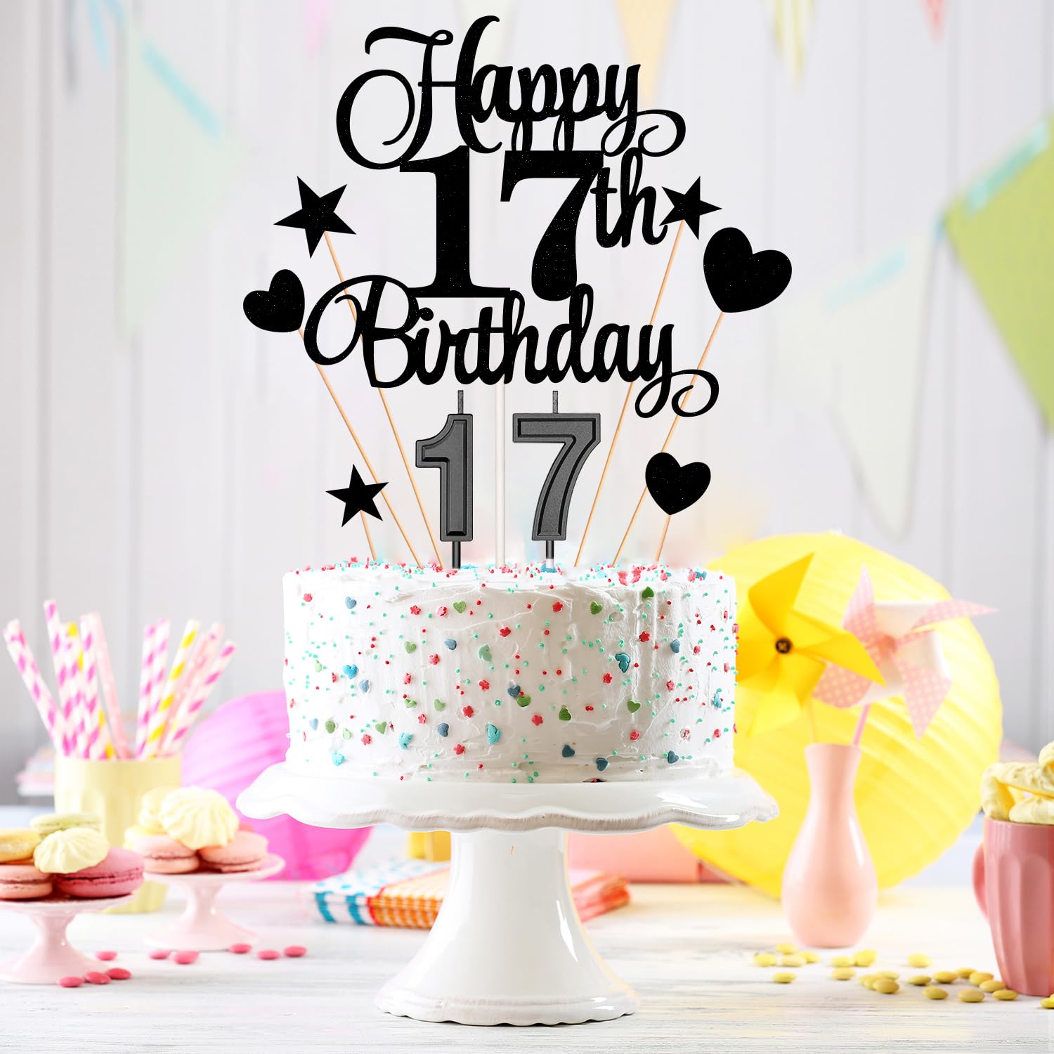 17th Birthday Cake Decorations Set Include 17th Birthday Candles Numeral 17 Cake Candles and Happy 17th Birthday Cake Toppers with Heart Star Cupcake Picks for Birthday Party (Black Series)